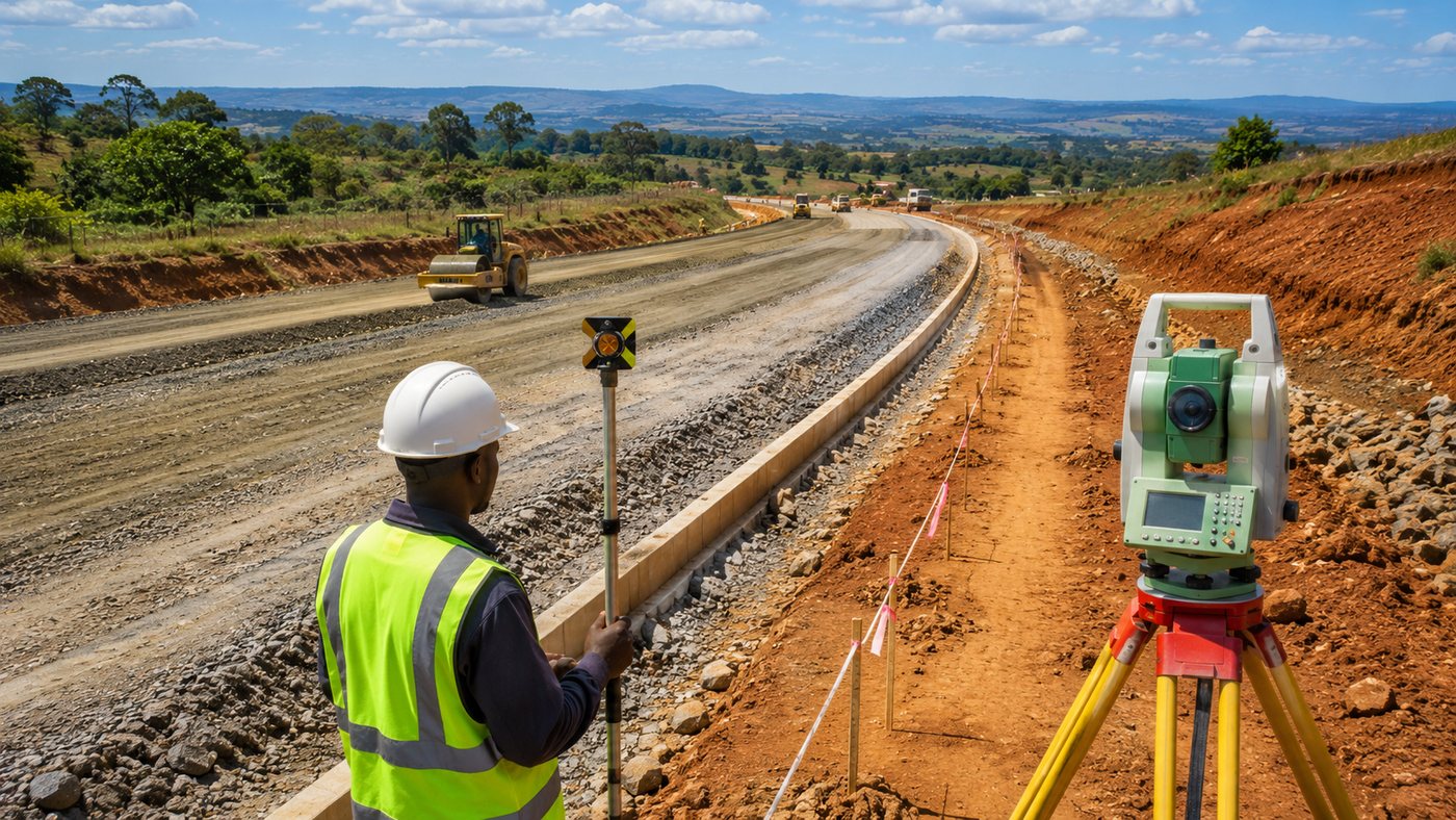 Surveyors conducting a highway setting out project in Nakuru County using GNSS equipment